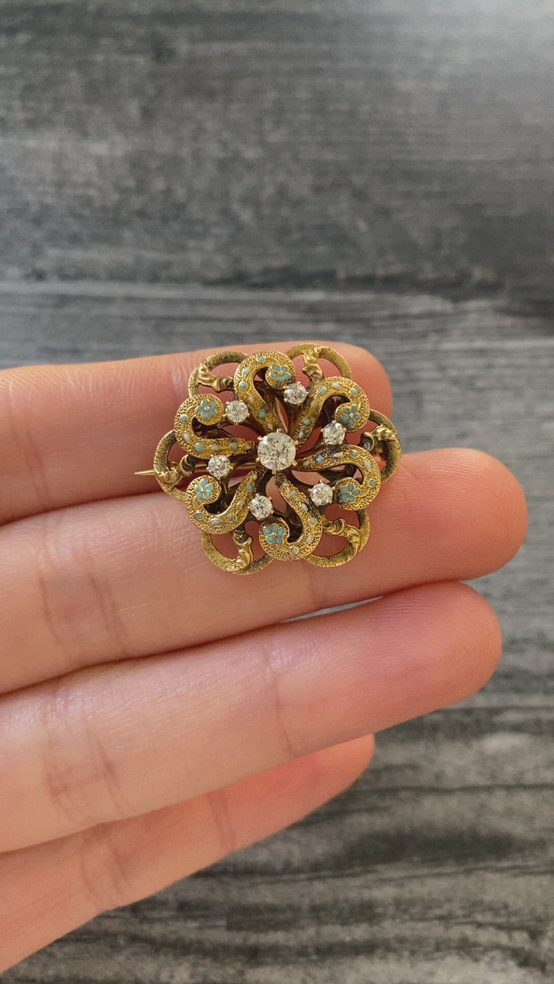 Edwardian Diamond and Enamel Forget Me Not Flower Swirl Pin, Antique Fob Pendant
