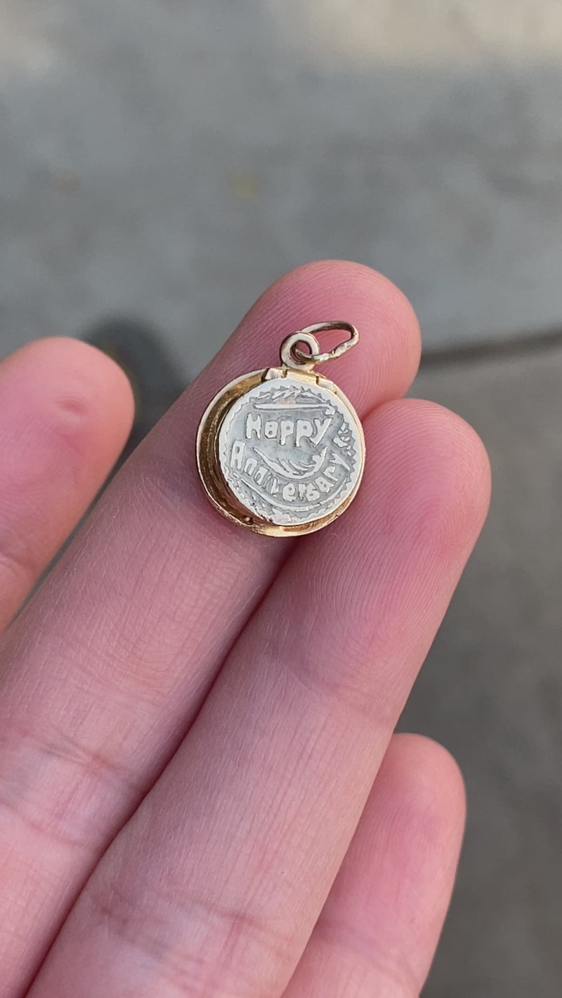 Vintage 14K Gold and White Enamel “Happy Anniversary” Cake Charm