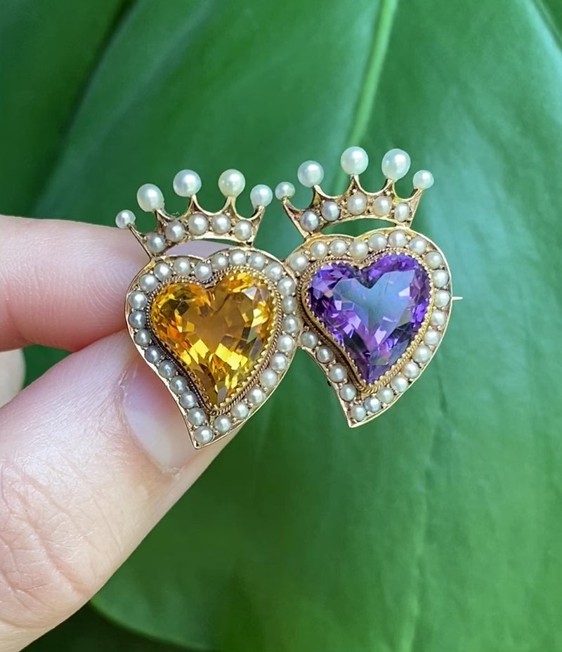 Victorian 15K Gold Citrine and Amethyst Witches' Heart Pin