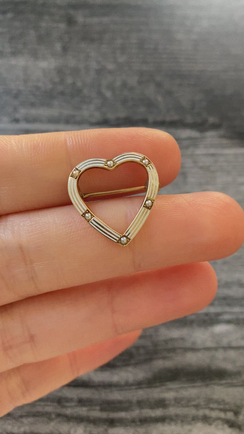 Edwardian Riker Brothers 14K Gold and White Enamel Heart Pin, Antique Brooch