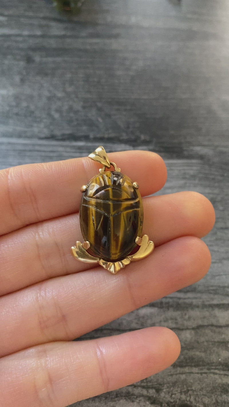 Large Vintage 14K Gold and Carved Tiger Eye Winged Scarab Pendant, Charm