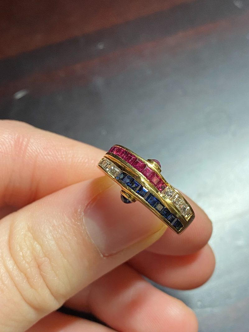 Vintage 18K Gold Carre Cut Diamond, Sapphire, and Ruby Wave Ring, 1970s Stacking Band