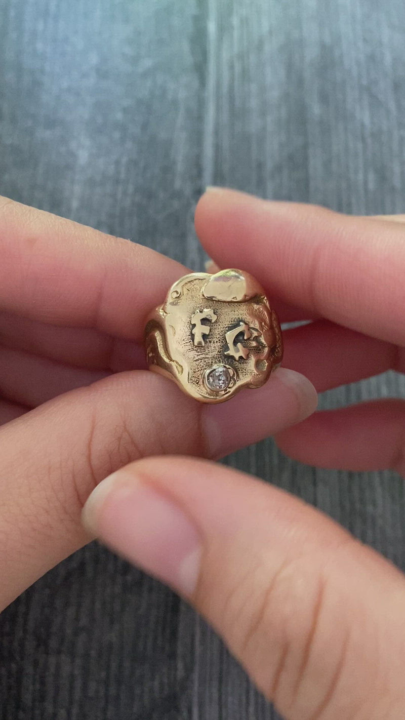 Art Deco 14K Gold and Diamond Monogrammed “FG” Shield Ring