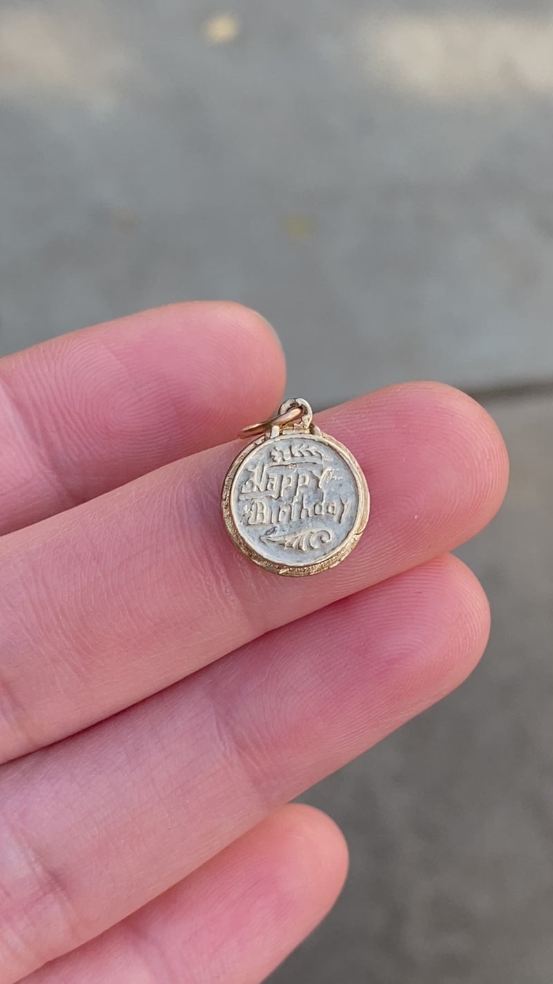 Vintage 14K Gold and White Enamel “Happy Birthday” Cake Charm