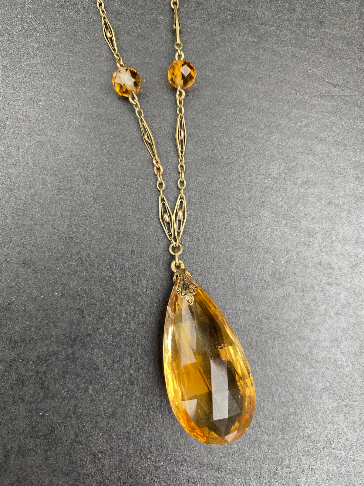 Art Deco 14K Gold and Citrine Briolette Drop Filigree Necklace