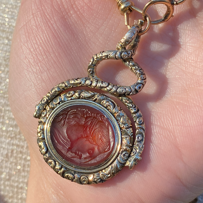 Large Early Victorian Heavily Chased 14K Gold and Carnelian Intaglio Spinner Pendant