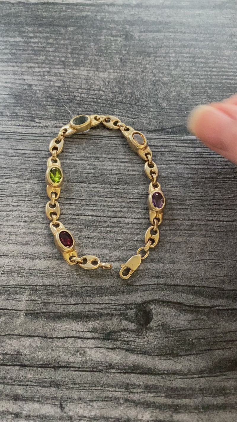 Vintage Multicolor Gemstone and 14K Gold Mariner Link Bracelet