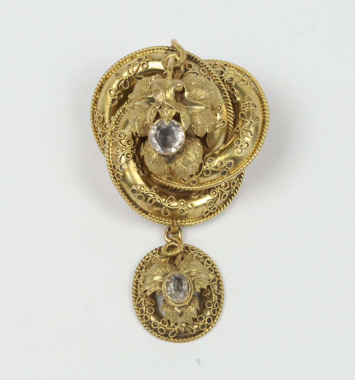 Victorian Etruscan Revival 14K Gold and Quartz Love Knot Brooch Pendant