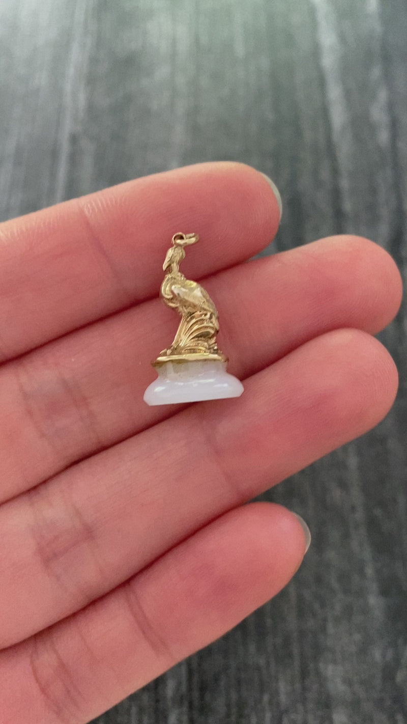 Antique 14K Gold and White Agate Peacock Fob, Charm