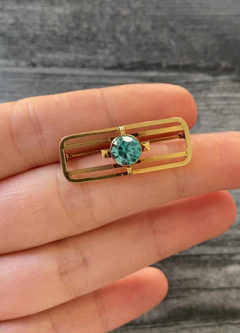Art Deco Krementz 14K Gold and Blue Zircon Geometric Pin