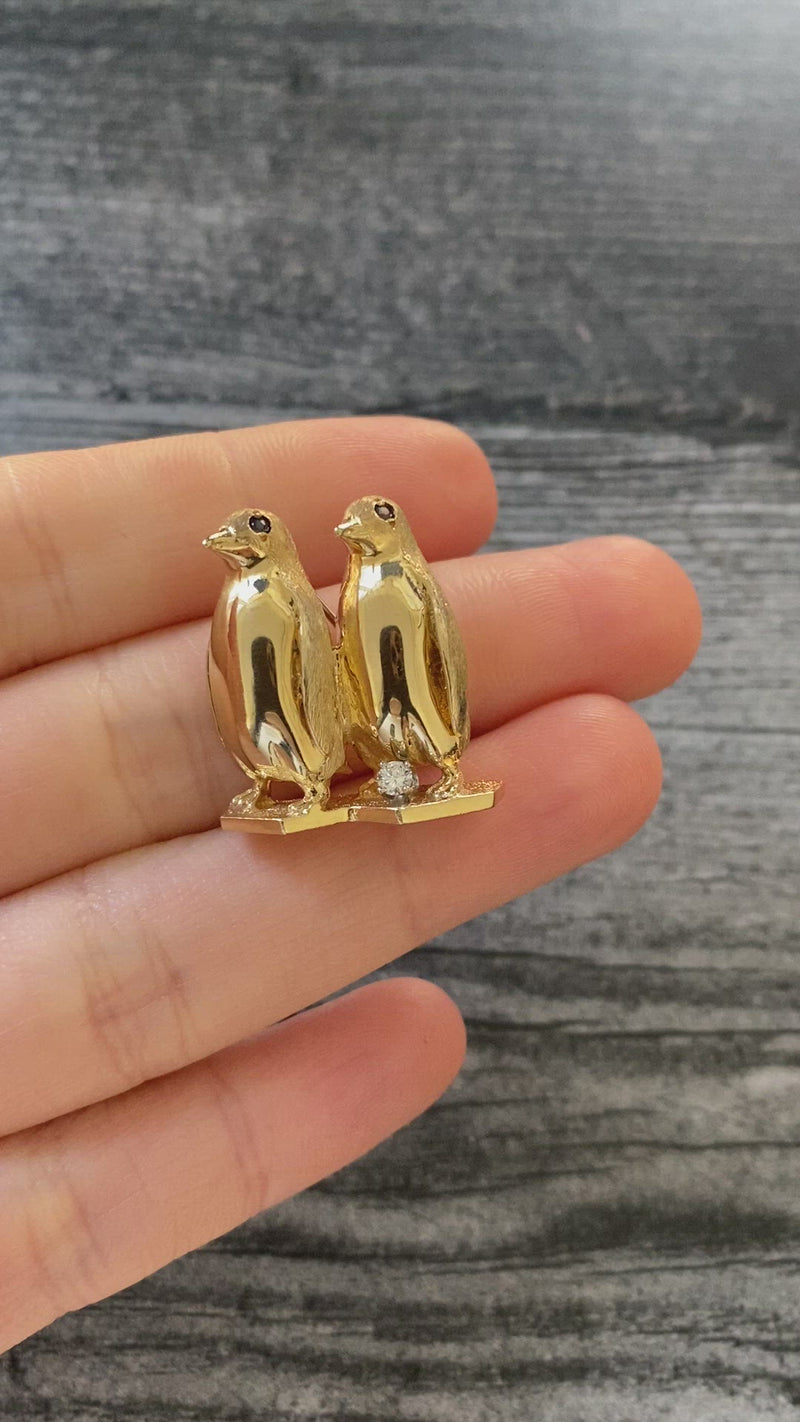 Vintage 14K Gold, Diamond, and Sapphire Pair of Penguins Brooch, Pin