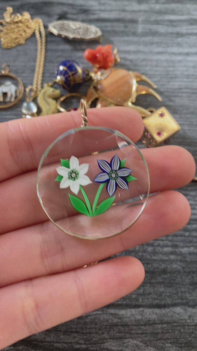 Vintage 9K Gold and Art Glass Flower Pendant, Large Charm