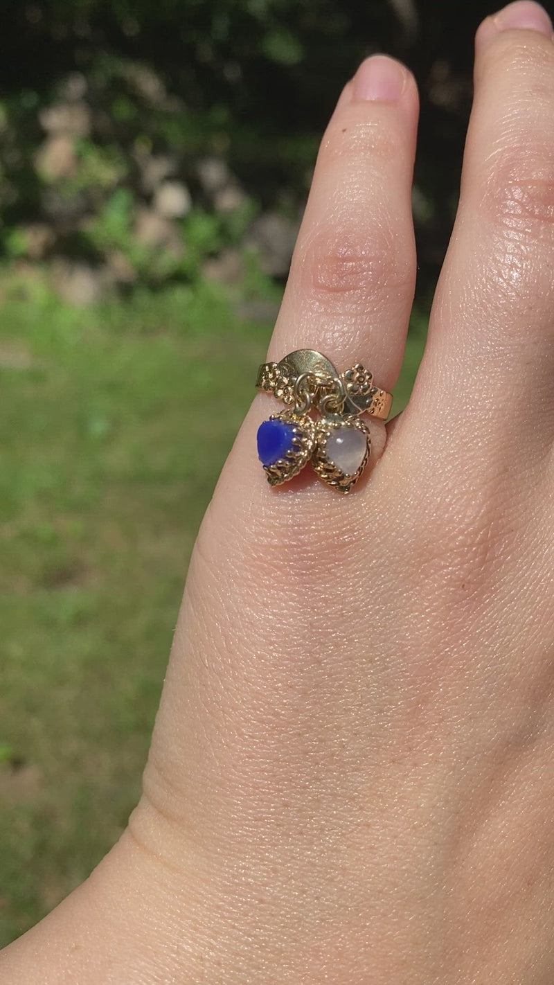 Vintage 14K Gold Ring with Dangling Blue and White Heart Charms