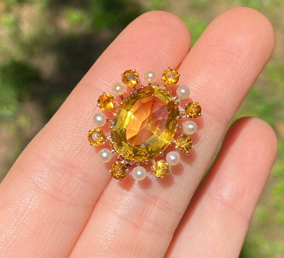 Antique 14K Gold Citrine and Pearl Sunburst Pin, Brooch