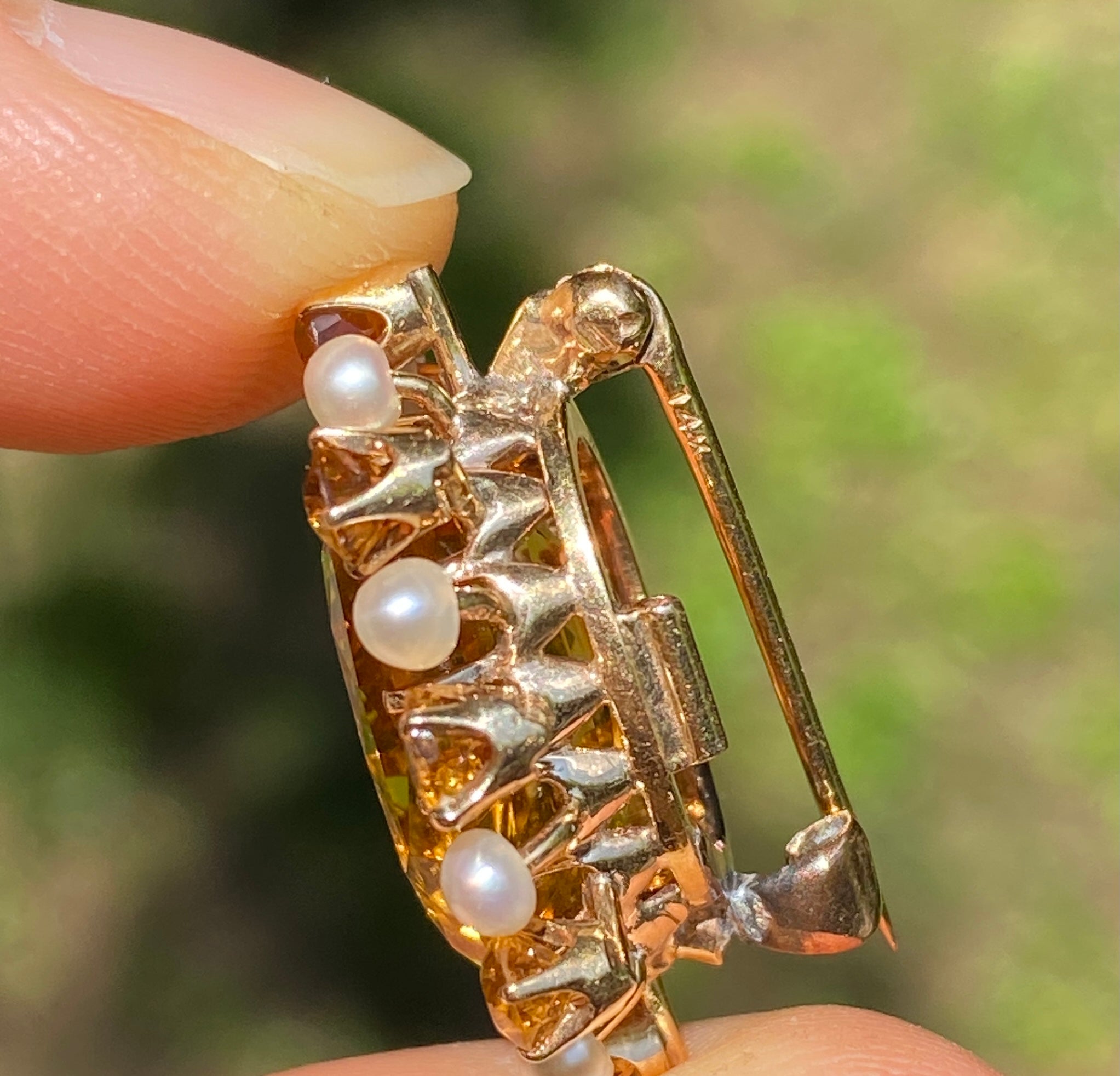 Antique 14K Gold Citrine and Pearl Sunburst Pin Brooch