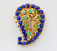 Vintage 18K Gold Lapis Lazuli and Emerald Paisley Brooch Clip